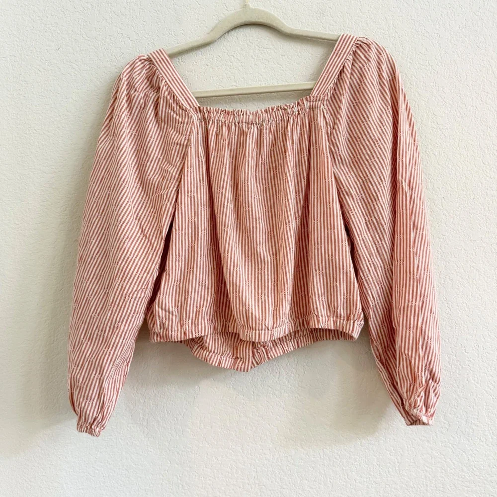 Madewell Womens Red White‎ Striped Cotton Puff Sleeve Button Front Crop Top M
